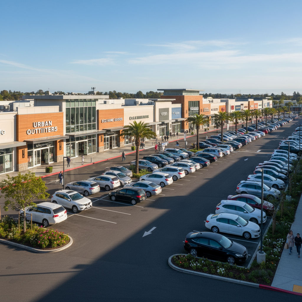 Retail shopping center exterior with storefront facades, parking lot, daytime commercial setting