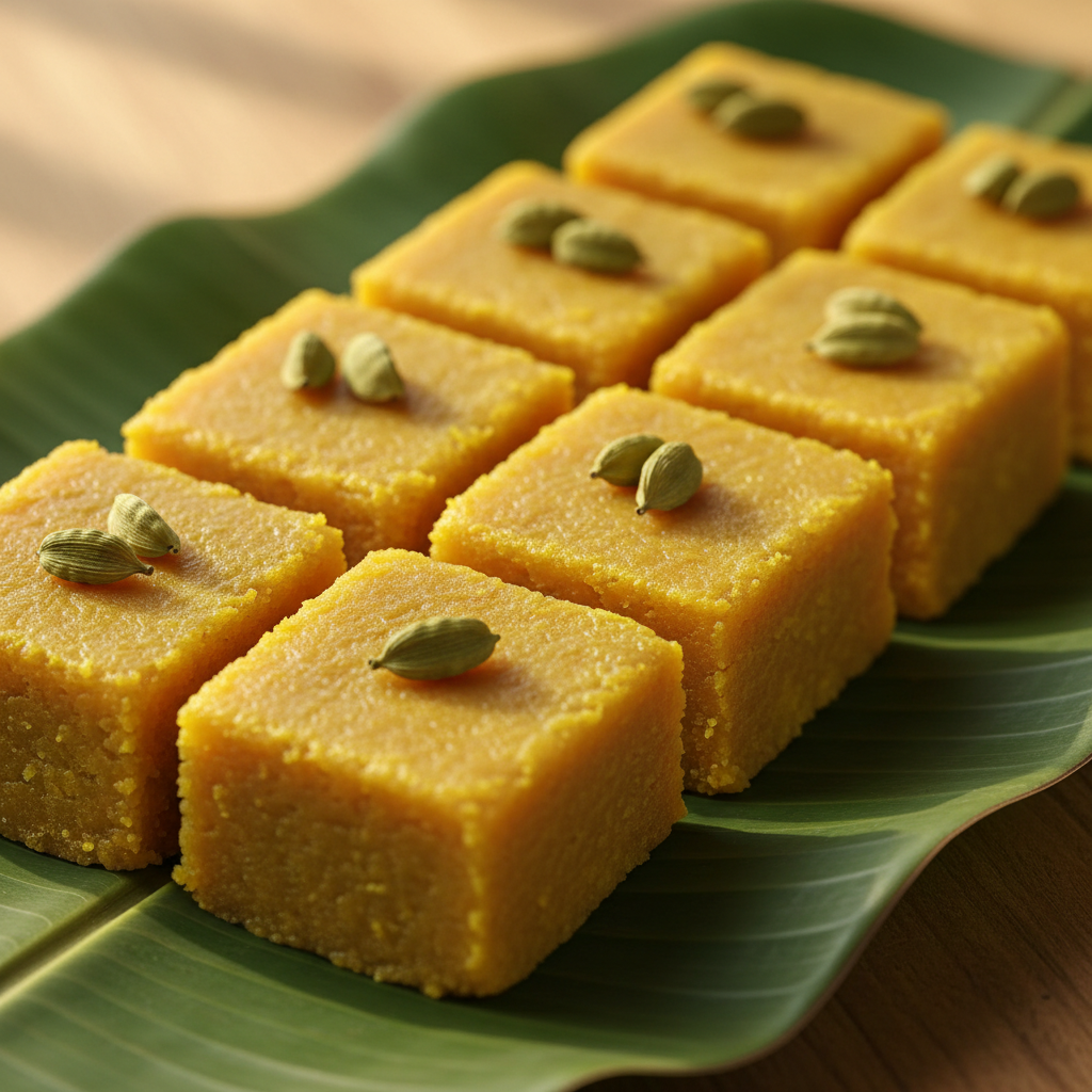 Flaky golden Son Papdi Indian sweet in square pieces on festive cloth with golden light