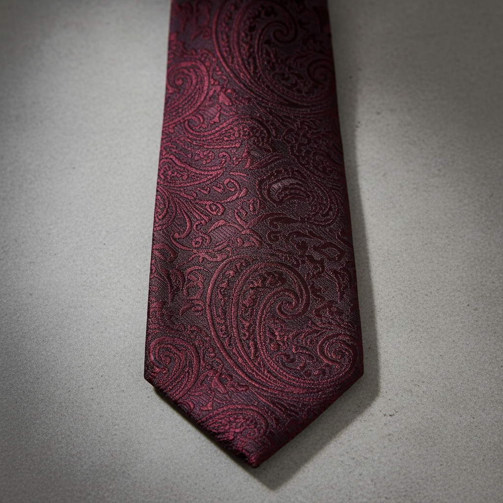 Deep burgundy paisley jacquard tie showing woven texture detail under studio light