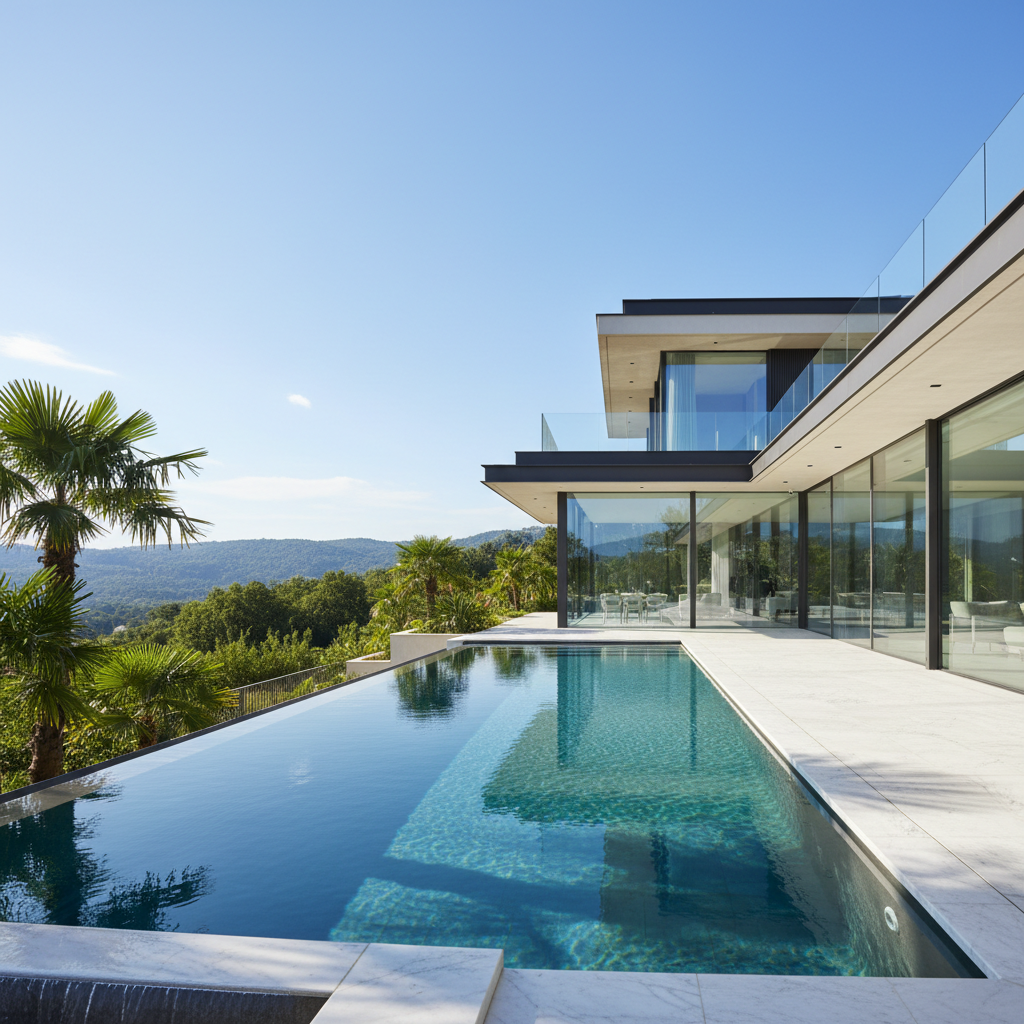 Contemporary luxury villa with floor-to-ceiling glass walls, private pool terrace and sweeping Mediterranean sea view, pine forest surroundings