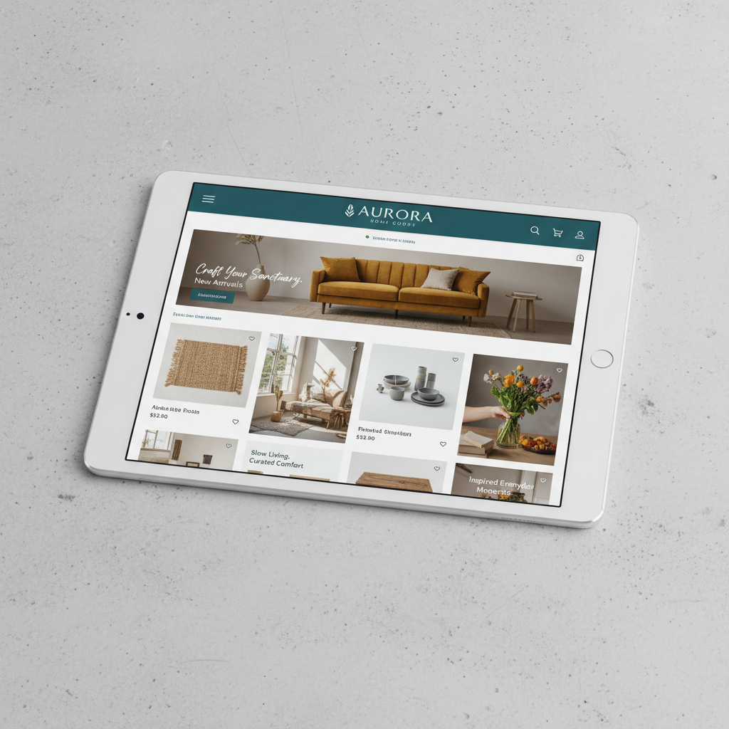 Online marketplace shopping on tablet device in bright modern home office, clean well-lit environment