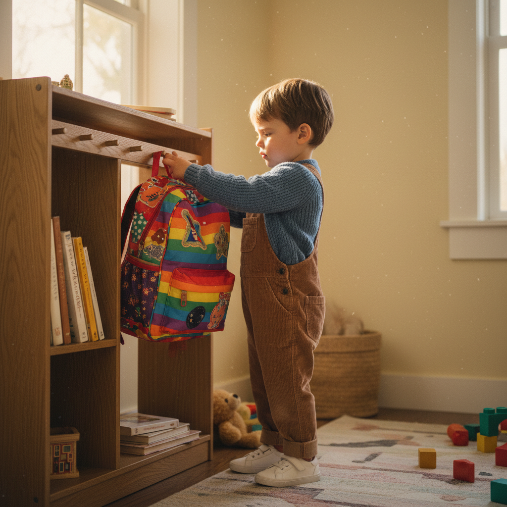 Young child hanging a colorful backpack on a cubby peg in a warm, sunlit room