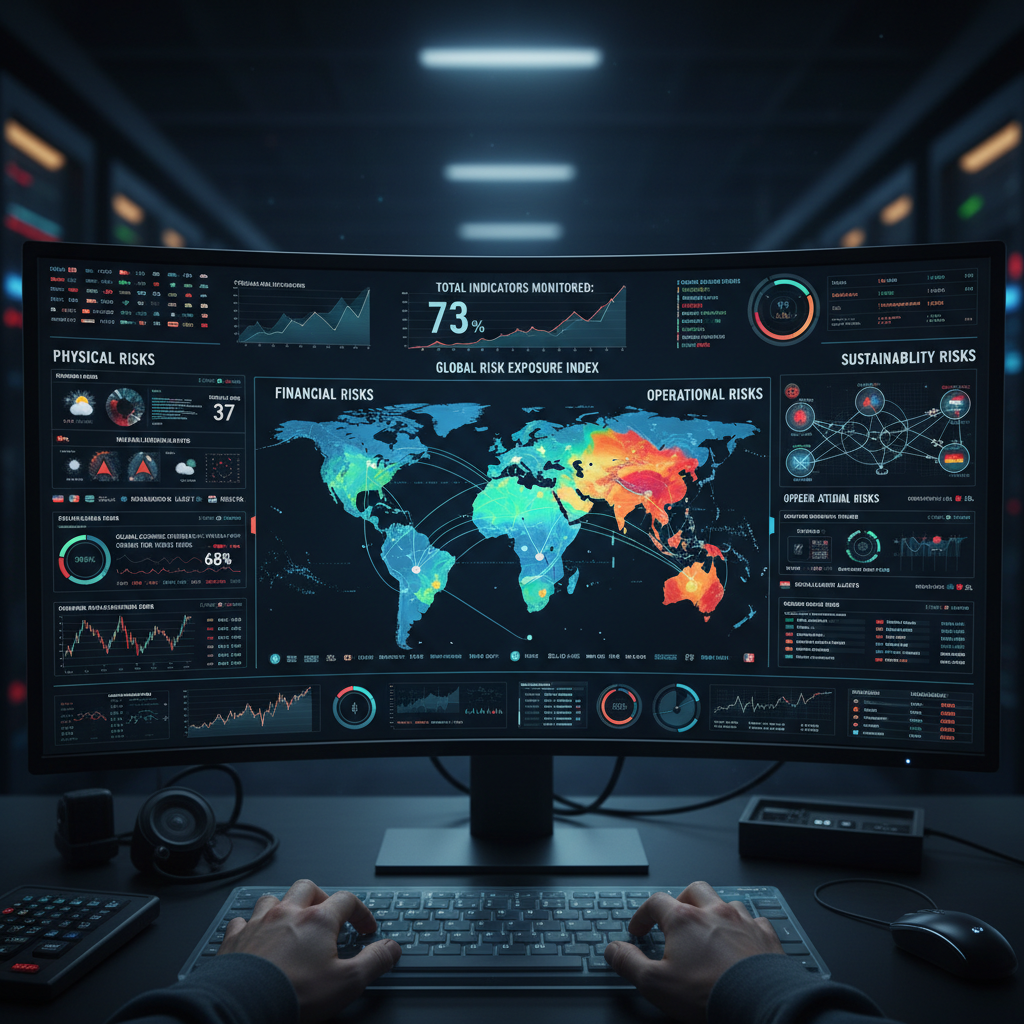 RubiCr Caetis dashboard showing geospatial climate risk overlays with color-coded risk zones and real-time data visualization