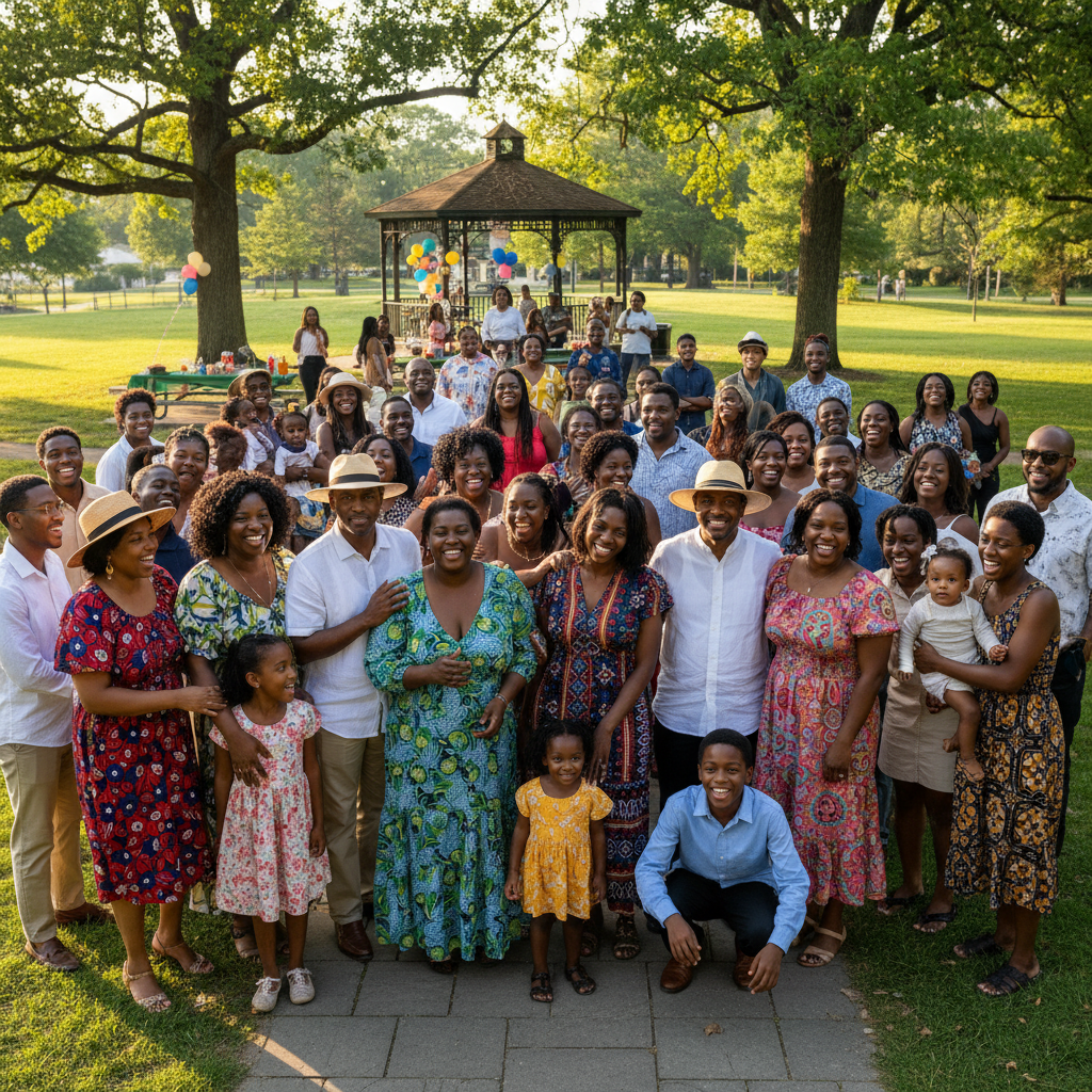 Large group of African-American families gathered together at a cultural celebration outdoors, smiling and embracing
