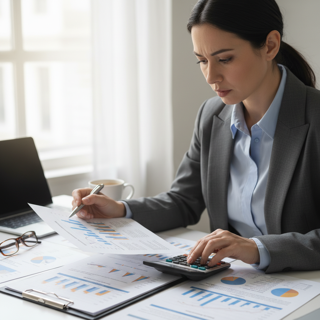 Person reviewing financial documents and calculator