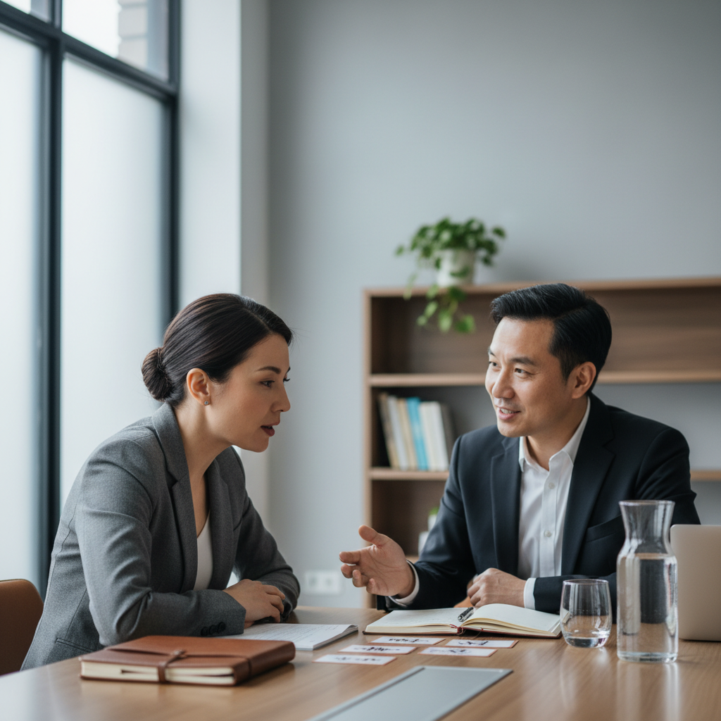 Adult professional in a business meeting practicing Mandarin conversation with a native speaker instructor