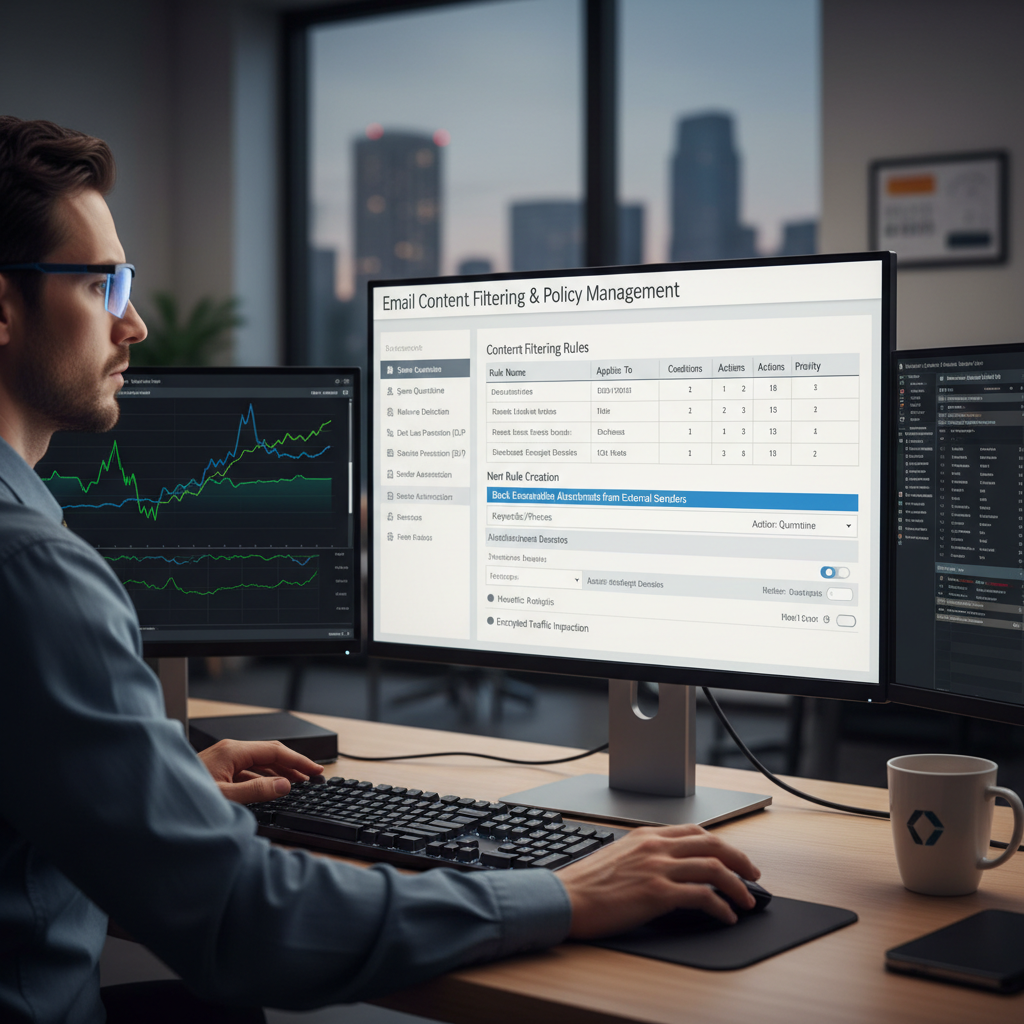 Security analyst configuring content filtering rules on a workstation with email policy management interface