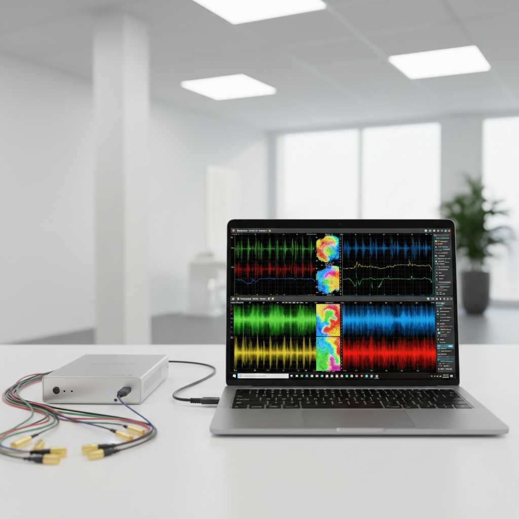 EEG brain wave monitoring equipment with electrodes, professional neurology diagnostic setting