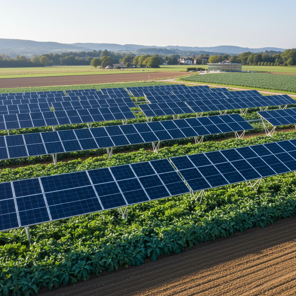 Agricultural farmland with elevated solar panels allowing crops to grow underneath in sustainable agrivoltaic system