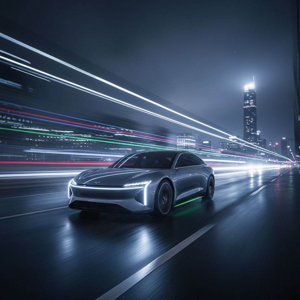 Sleek electric car on rain-wet road at night, blue ambient lighting, dark cinematic atmosphere