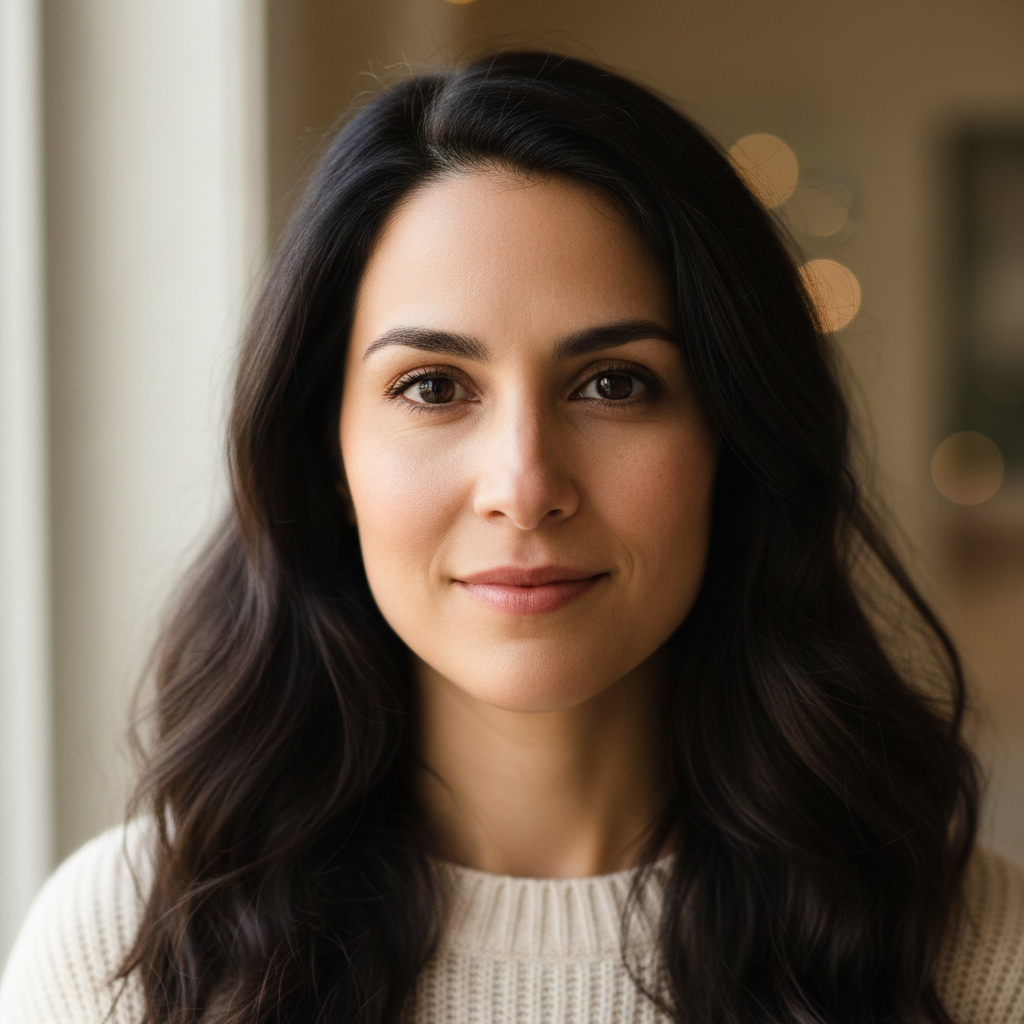Portrait of Priya Sundaram, woman with dark hair in her 30s