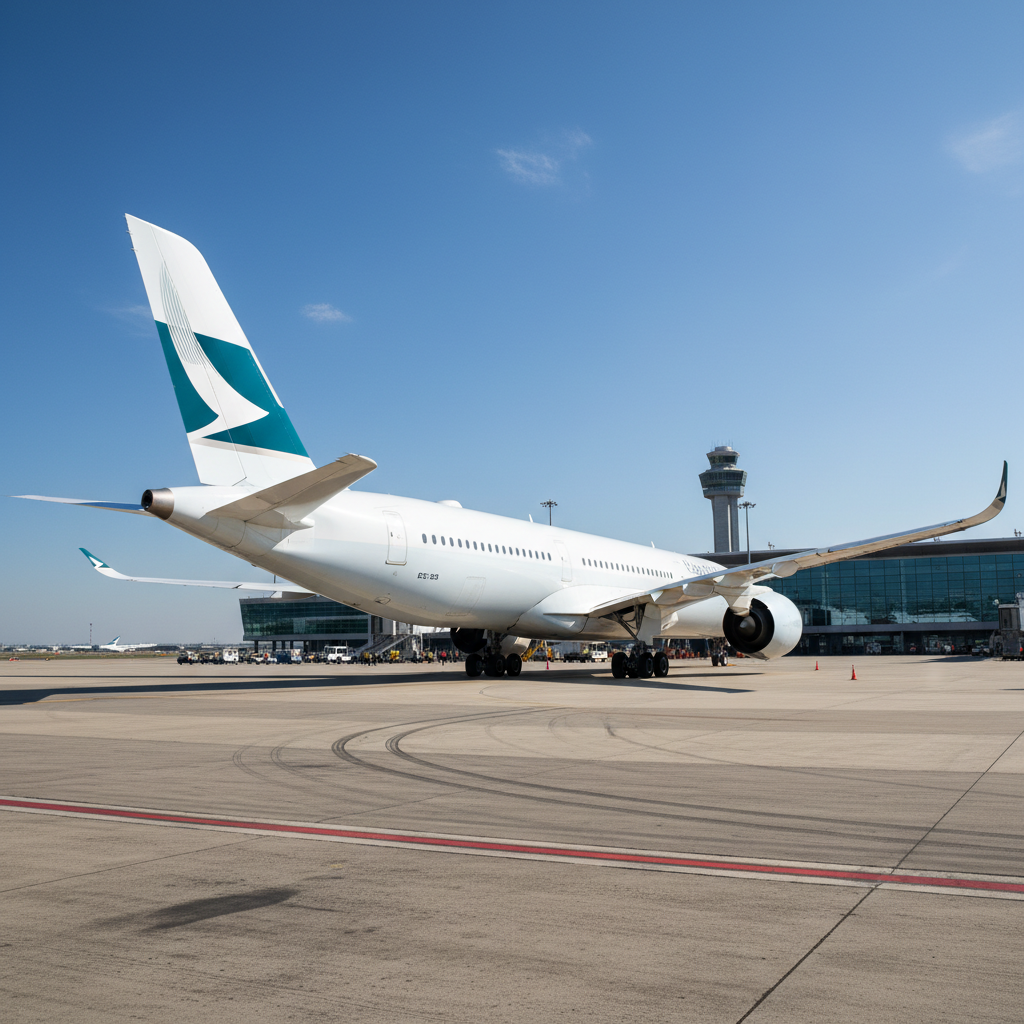 Cathay Pacific aircraft with green and white brushwing logo on tail