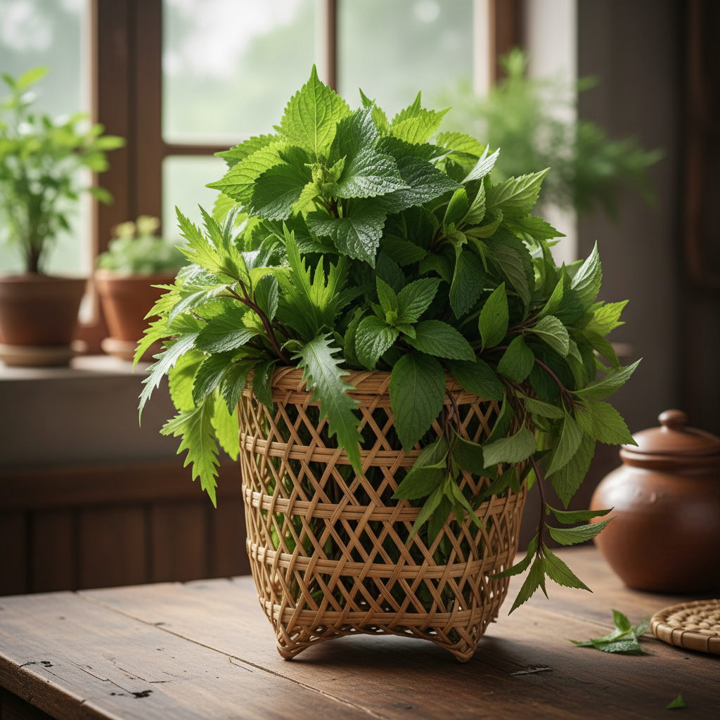 Tall basket of fresh Vietnamese herbs — perilla, sawtooth coriander, Vietnamese mint