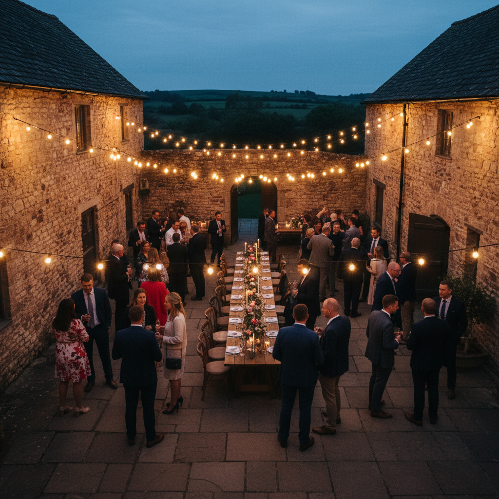 Converted farmstead courtyard reception at Millstone with 118 guests under string lights and stone walls