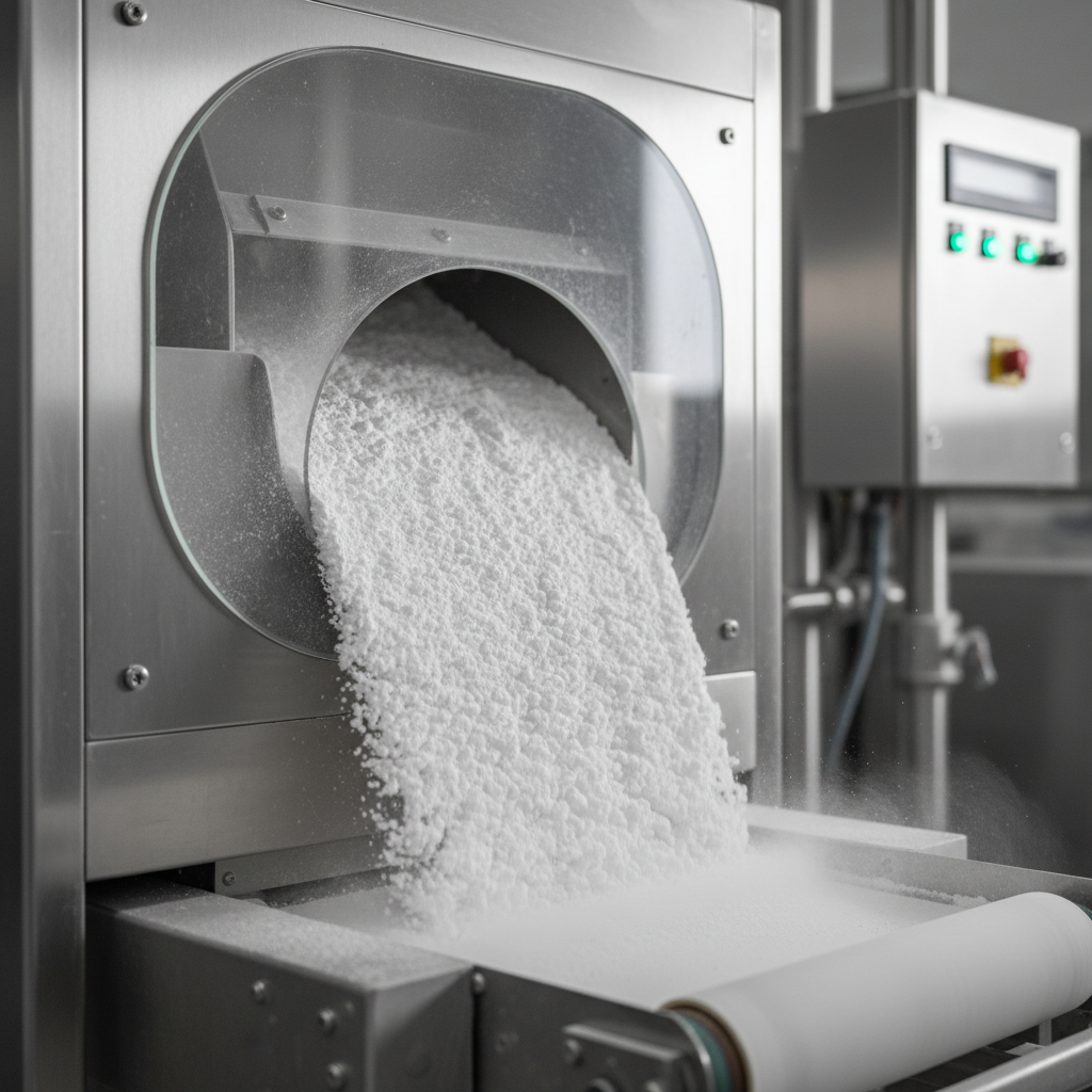 Fine white talc mineral powder in industrial processing facility