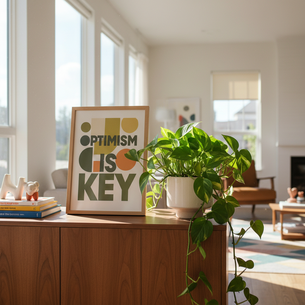 Mid-century typography print propped on credenza beside pothos plant in bright apartment
