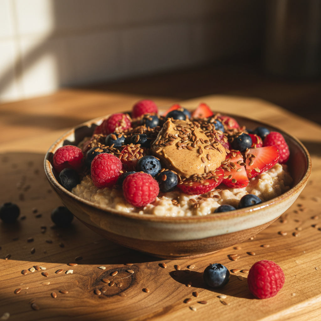 Bright morning shot of overnight oats with chia seeds, almond milk, and fresh berries in glass jar