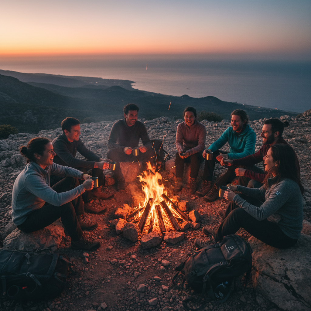 Group of hikers laughing around a campfire at dusk on a rocky Mediterranean ridge