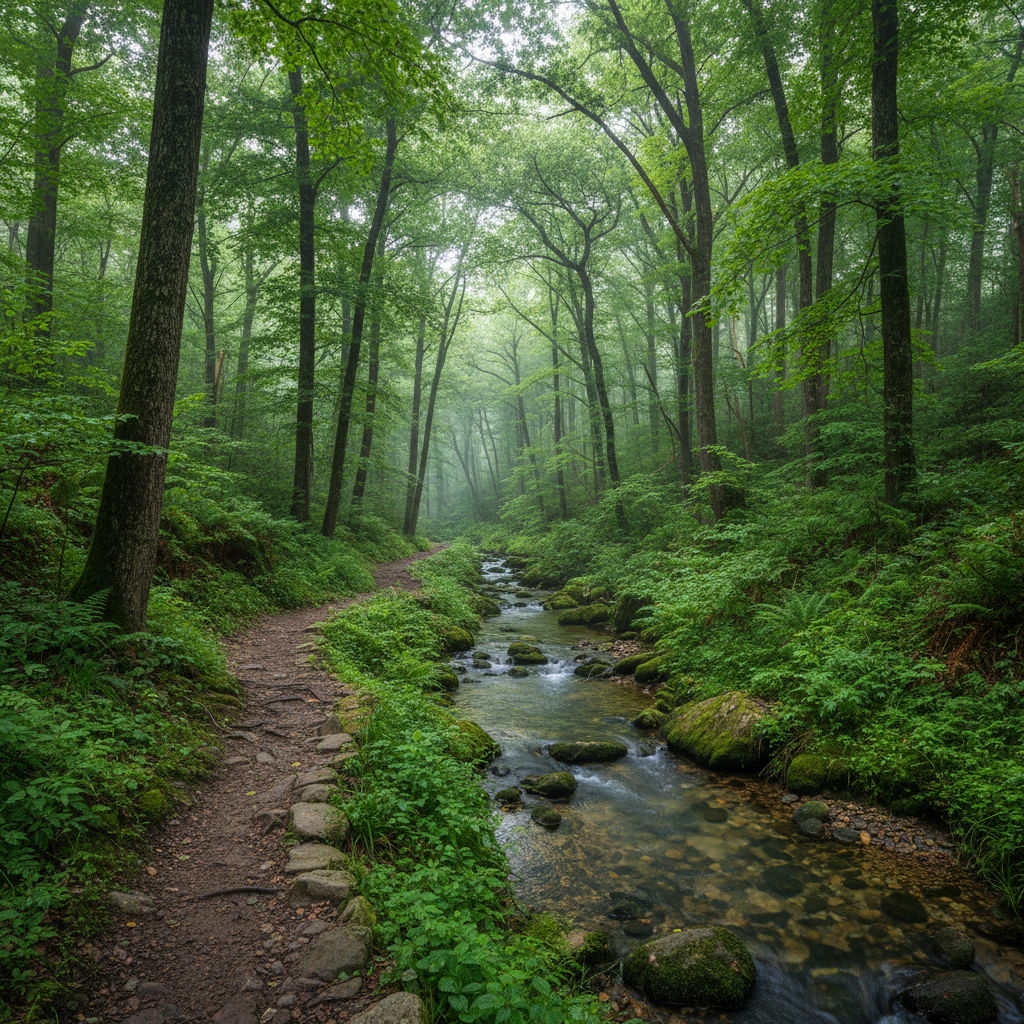 Sunlit forest trail winding beside a clear creek, overcast morning light filtering through deciduous trees, lush green undergrowth