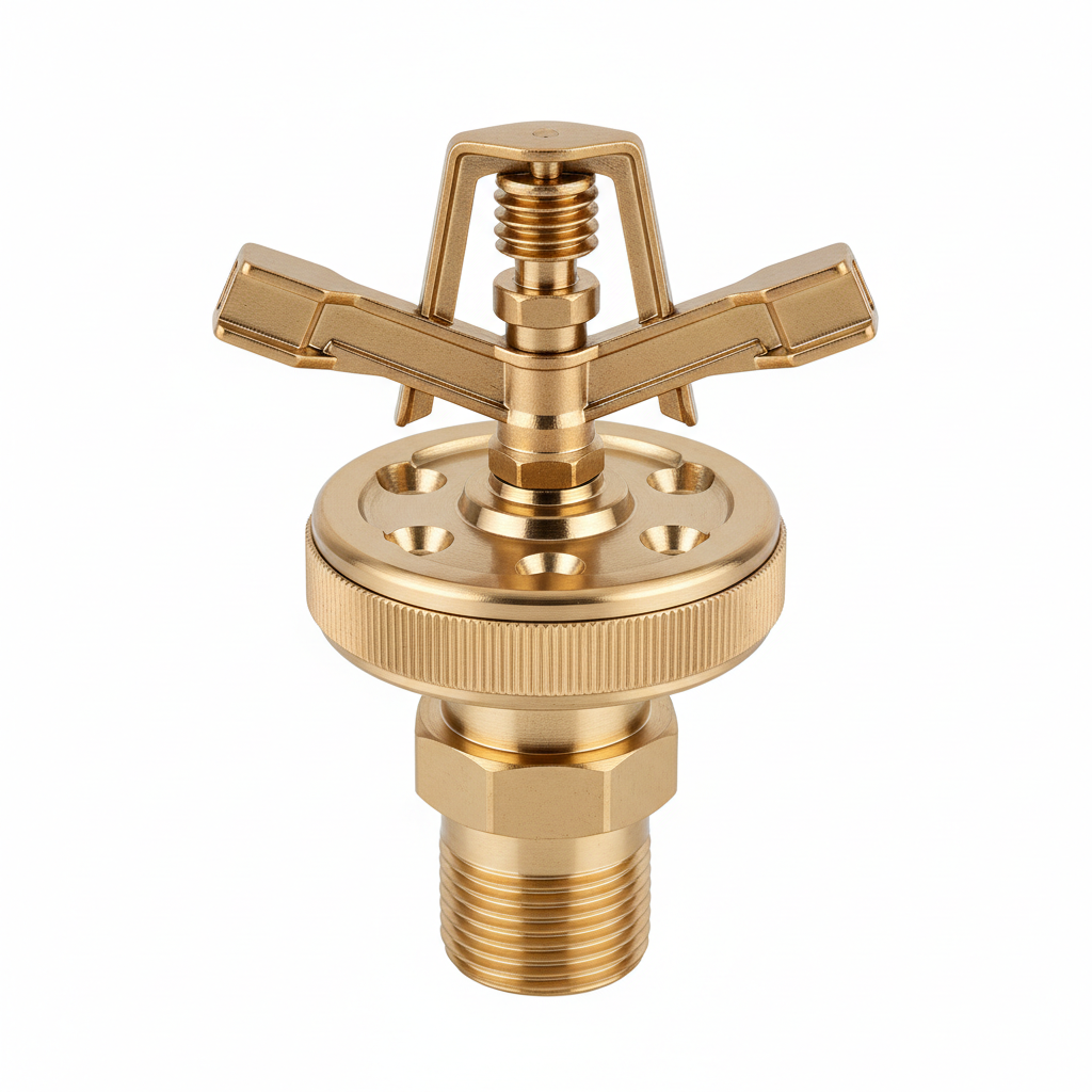 Brass rotary sprinkler head on white background, crisp product shot, metallic finish