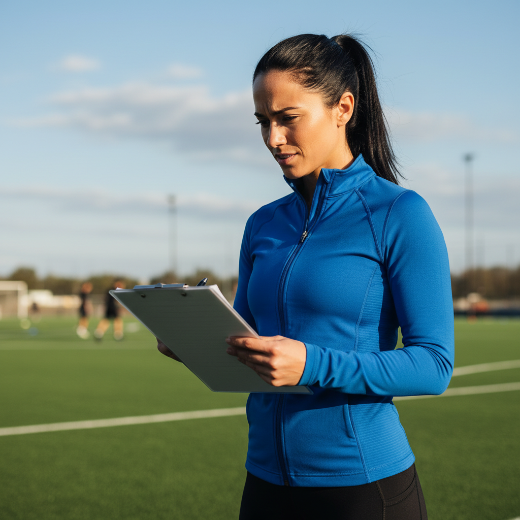 Female coach with dark hair in athletic gear reviewing a clipboard on a grass field