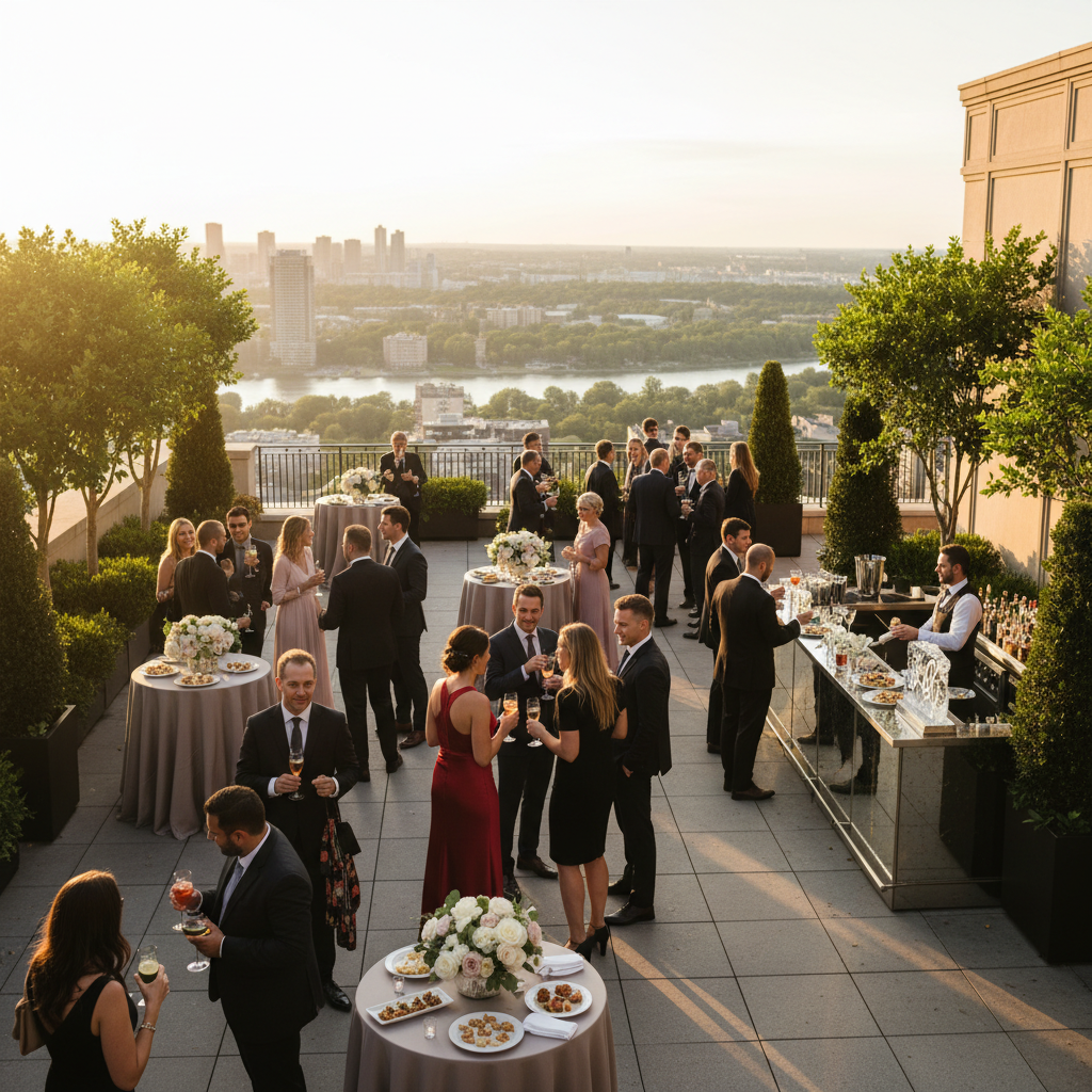 Wedding cocktail hour on hotel terrace