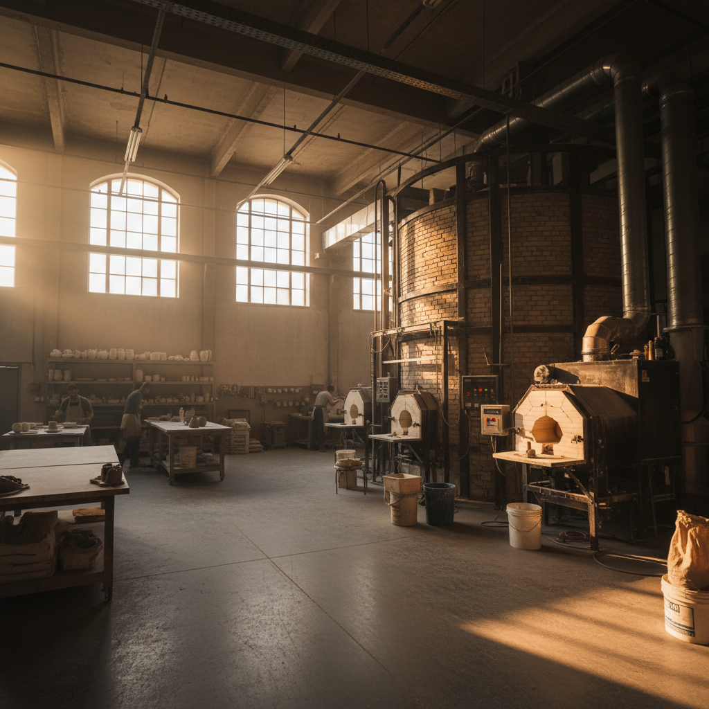 Industrial ceramics studio with kiln bay, raw concrete floors and high windows at golden hour