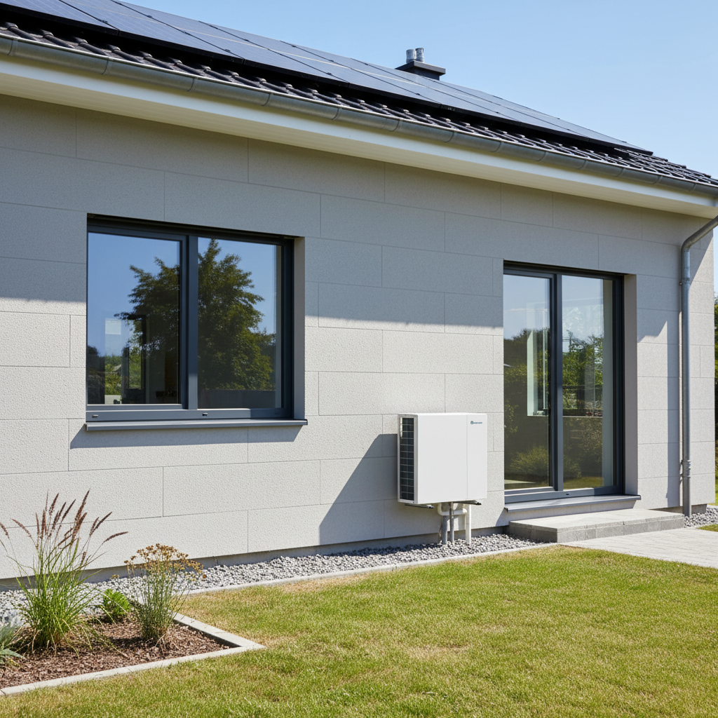 Modern house exterior in summer, lush green lawn, clear blue sky, large windows, contemporary architecture