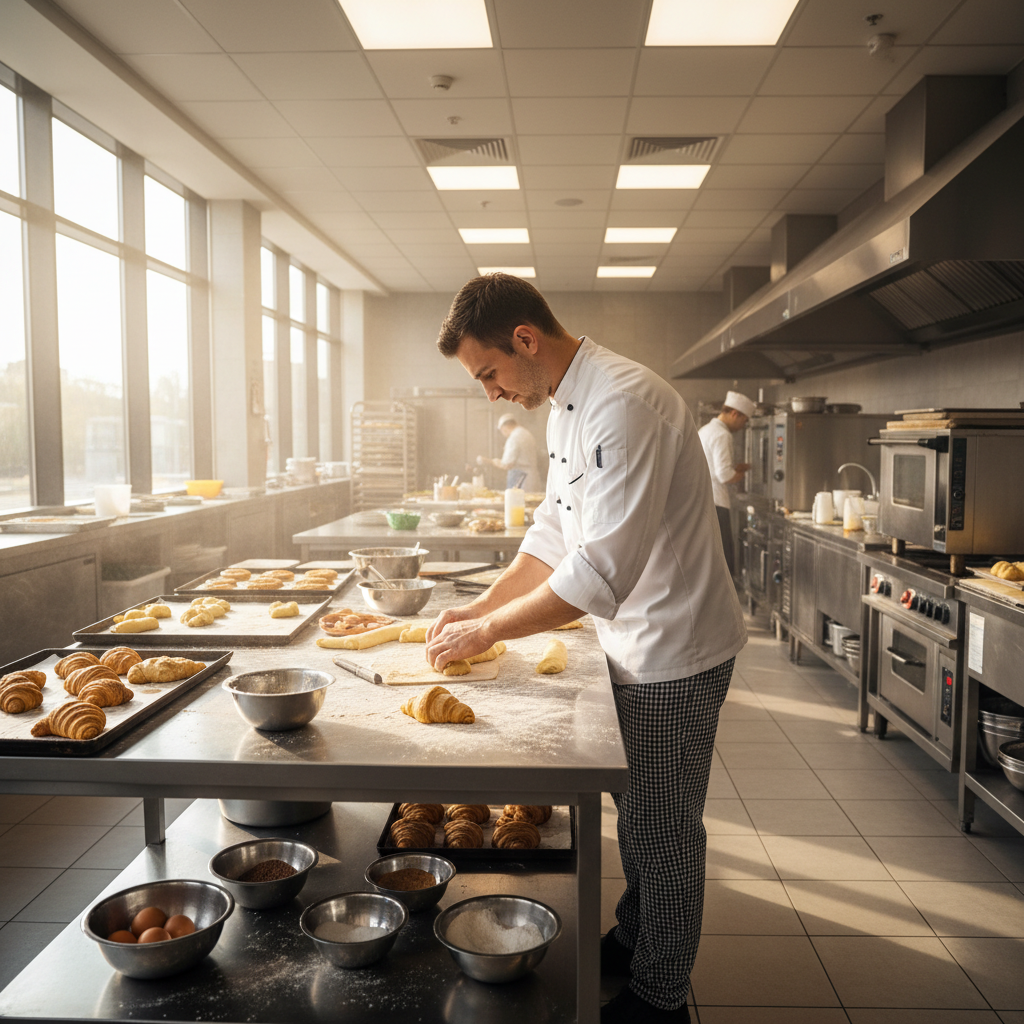 Male pastry chef in white coat examining a dessert creation, focused and professional in a bright kitchen setting