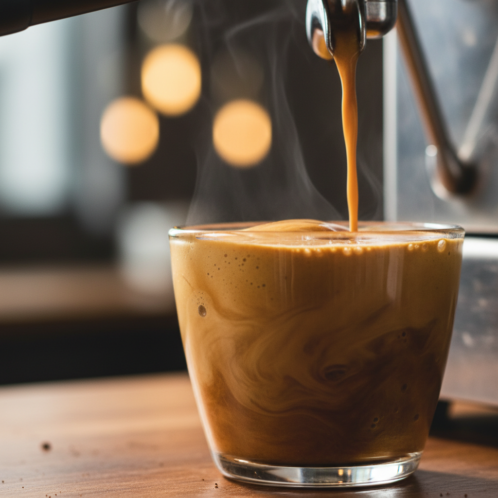 Steaming espresso shot being pulled from a professional machine with rich crema