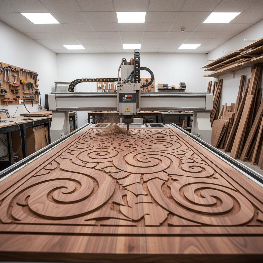 Industrial CNC woodworking machine routing intricate patterns on MDF panel in dimly lit precision manufacturing facility