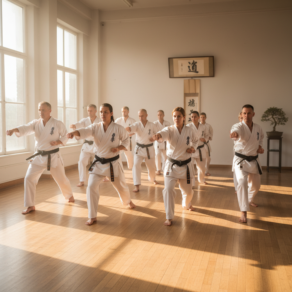 GBSA students in white gi performing kata in dojo