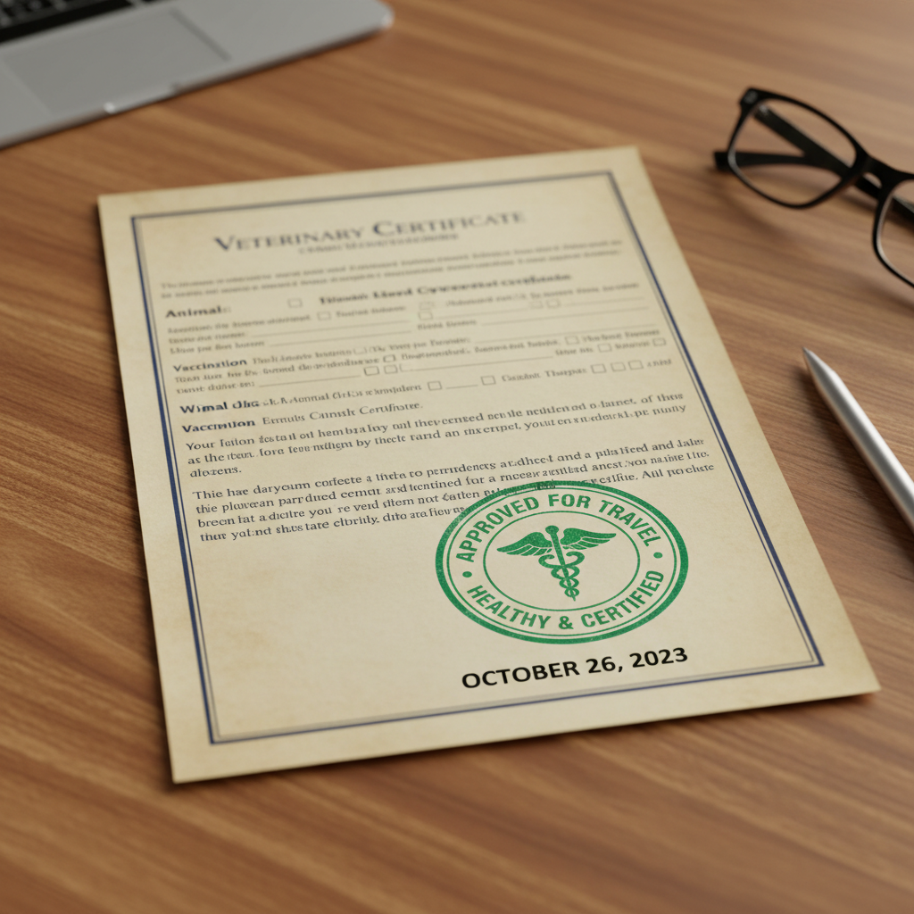 Veterinary health certificate with green approval stamp on a wooden desk