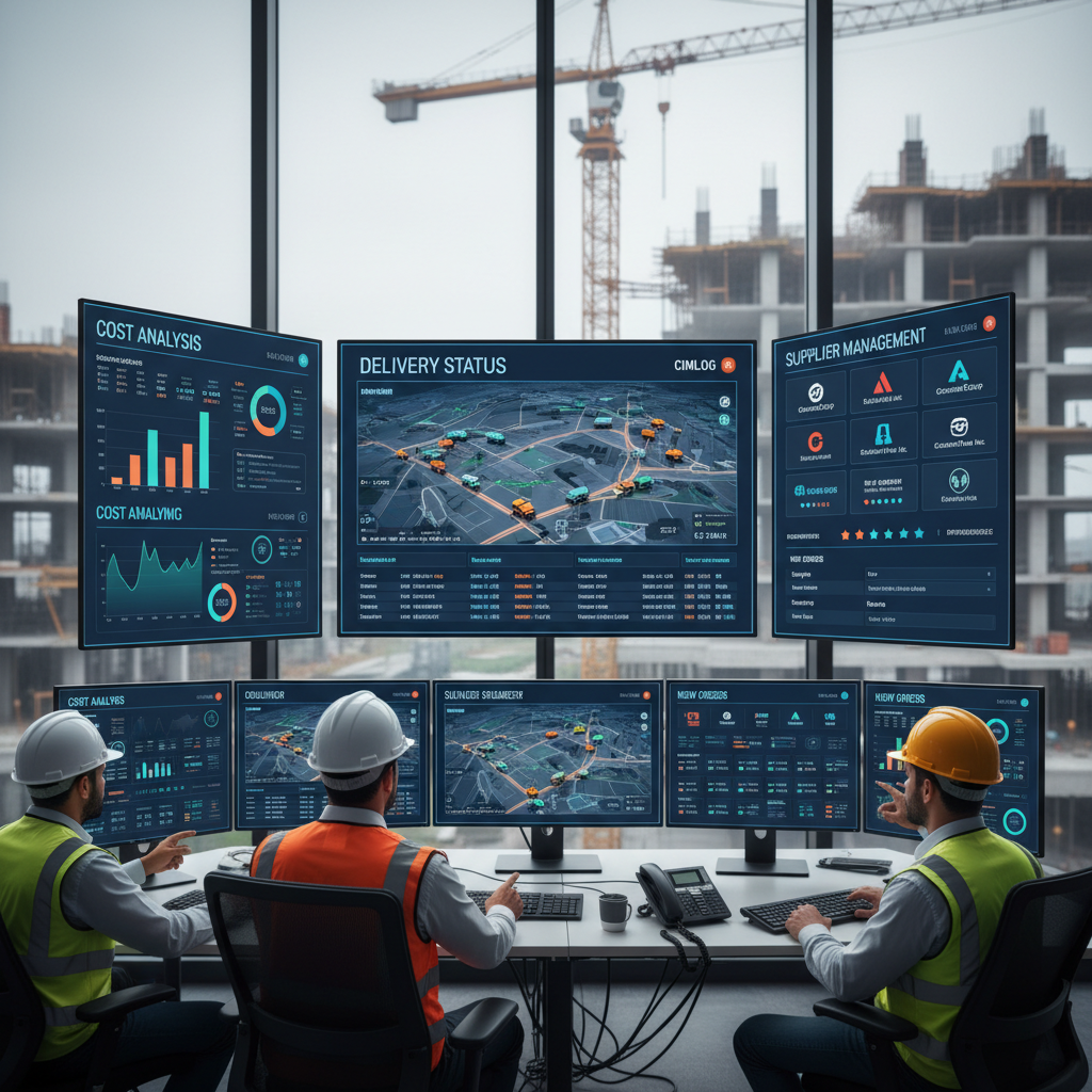 Tableau de bord CIMLOG montrant l'interface de suivi des commandes de ciment en temps réel avec statut de livraison, analyses des coûts et panneaux de gestion des fournisseurs pour les gestionnaires de chantiers