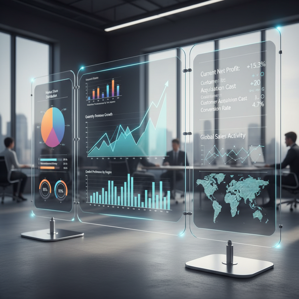 Data analytics dashboard showing charts, graphs and business intelligence metrics