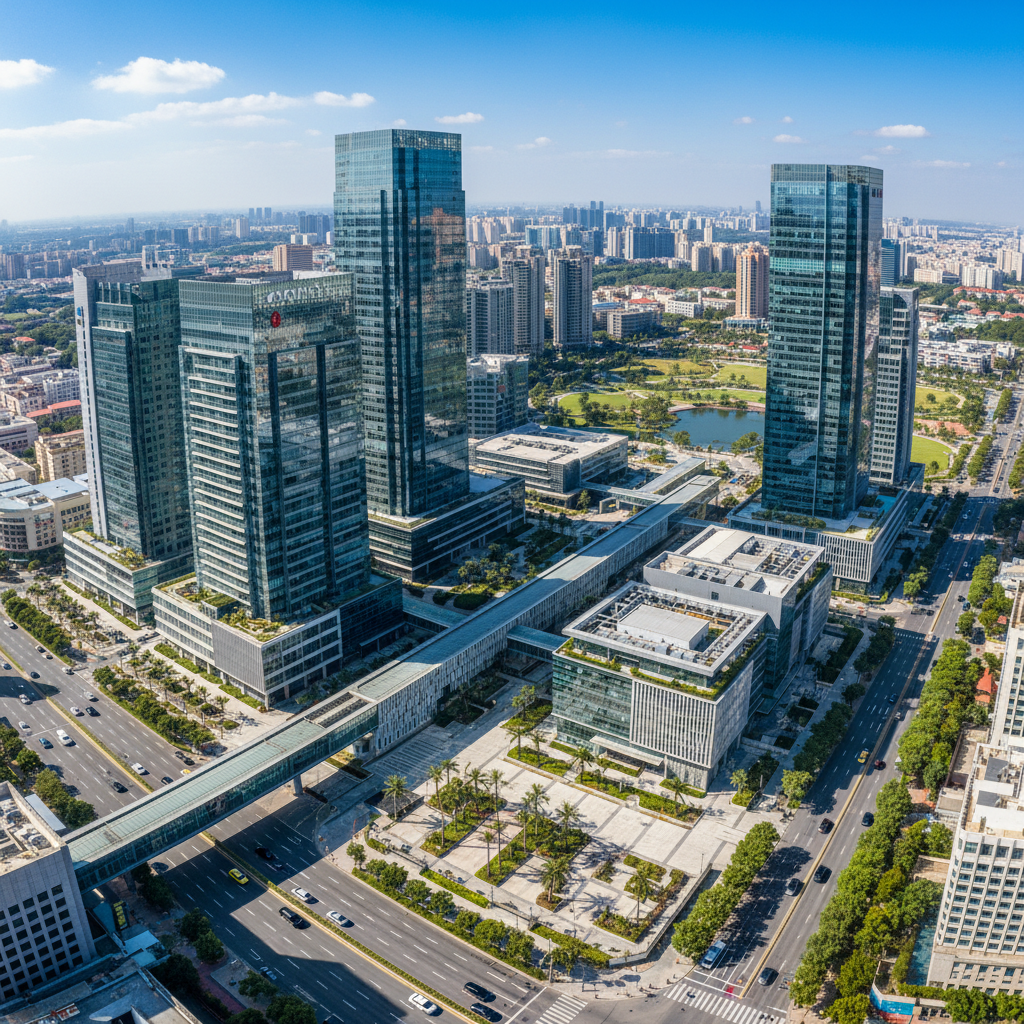 Aerial view of Mumbai Bandra Kurla Complex business district, modern buildings, urban India