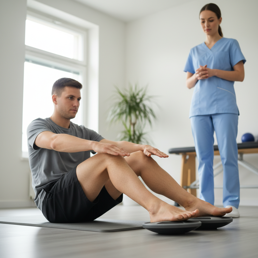 Person performing a seated knee glide exercise with a physiotherapist observing and guiding the movement
