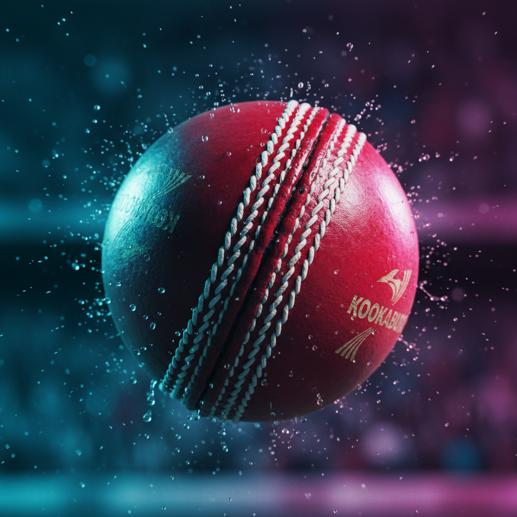 Extreme close-up of a red Kookaburra cricket ball mid-delivery, seam raised, caught in cyan and magenta light