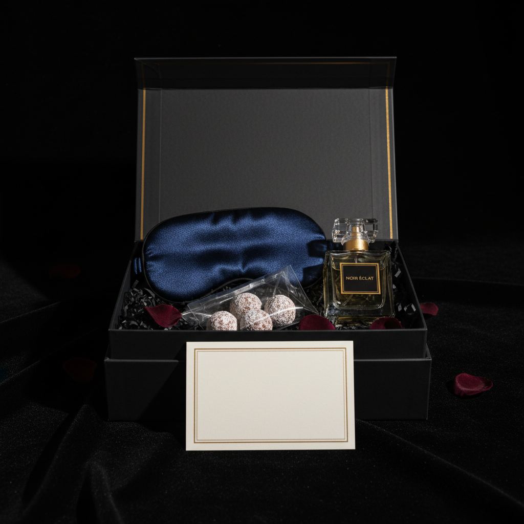 Luxury chocolate gift box with assorted truffles on cream silk, elegant ribbon, warm ambient light