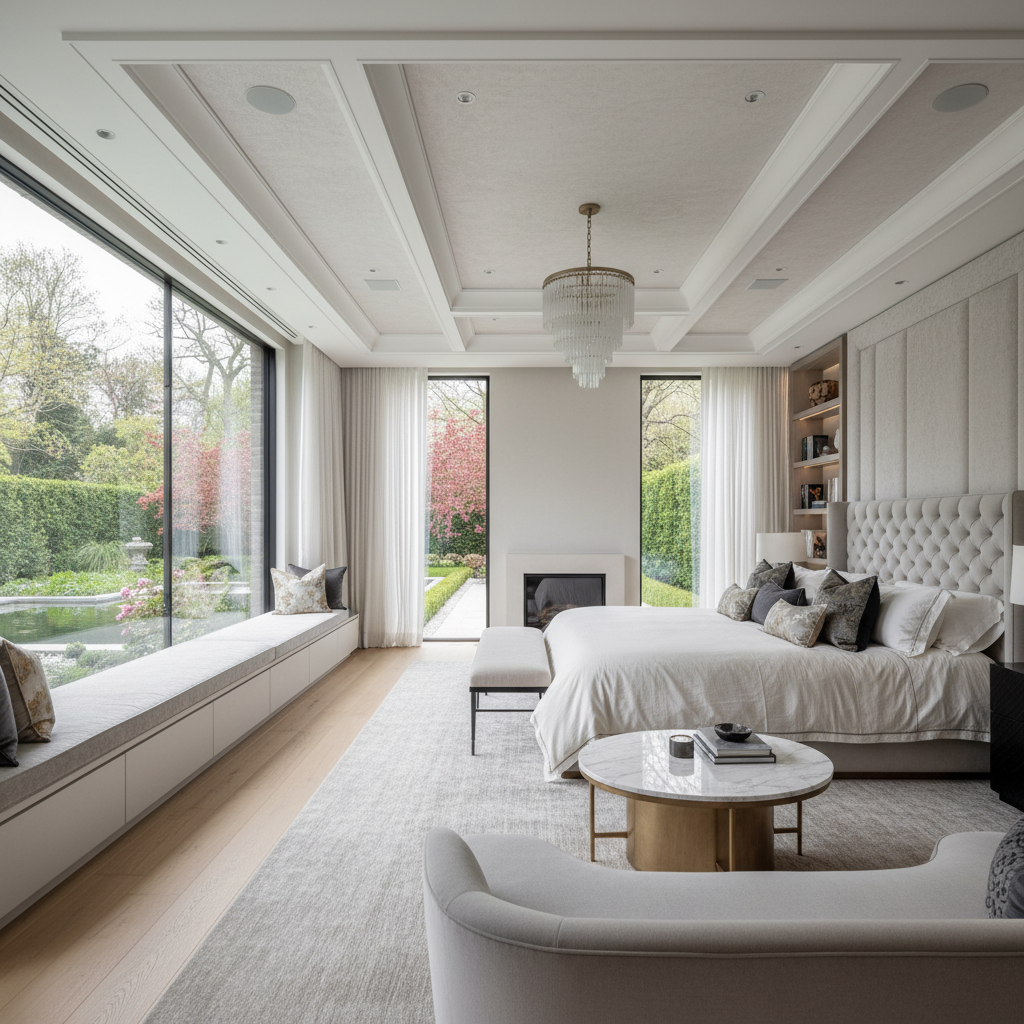 Suite principale avec lit king-size, vue panoramique sur le jardin, dressing intégré, finitions marbre et bois noble