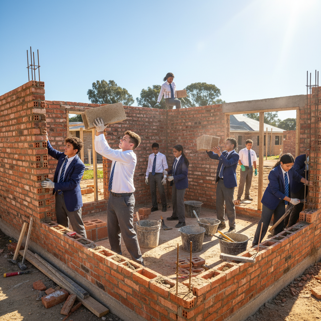 Students engaged in service learning activity outdoors, building something together, South African community