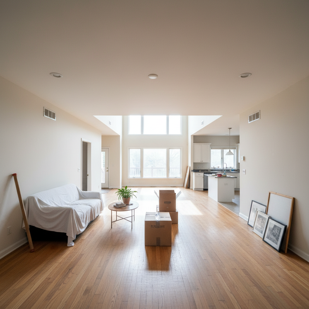 Interior of a home being cleared of furniture and belongings, bright well-lit rooms, open floor plan