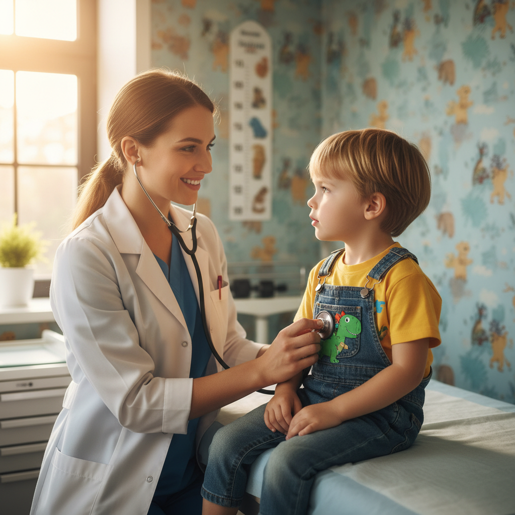 Healthcare worker in white coat examining child patient, clean clinic interior, soft lighting