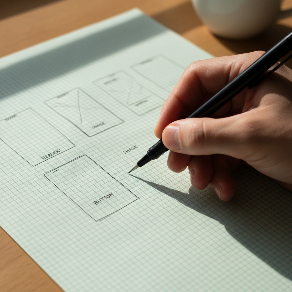 Hand sketching a mobile app wireframe on graph paper, viewed from directly above with soft natural window light casting a pen shadow