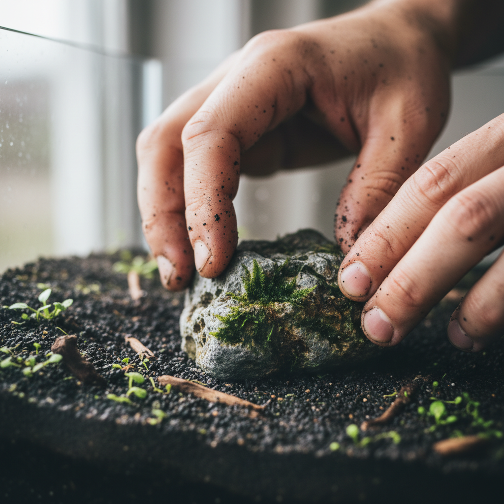 Hands carefully placing a stone in an aquascape layout, fingers dark with substrate