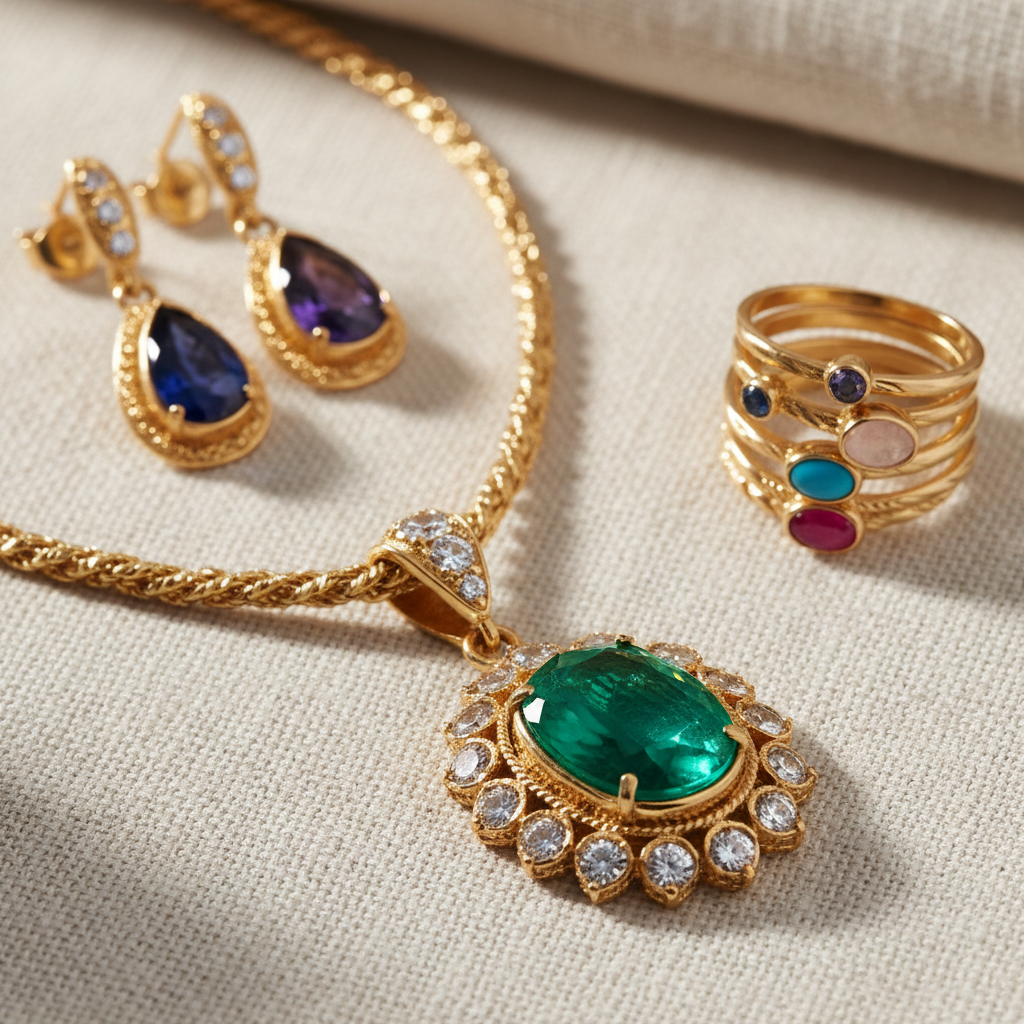 Delicate handmade silver and gold jewelry pieces arranged on white linen fabric