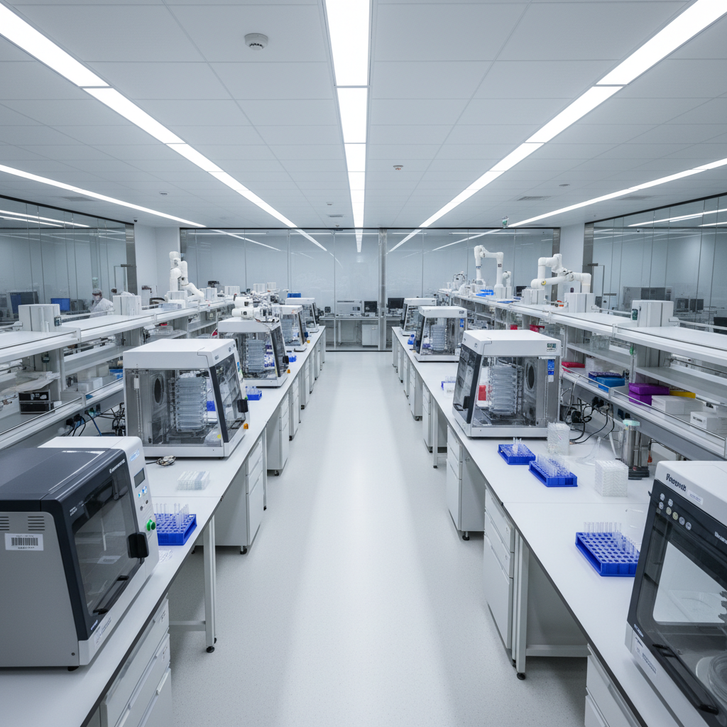 Bright modern laboratory with white benches, microscopes, and organized scientific equipment under fluorescent lighting
