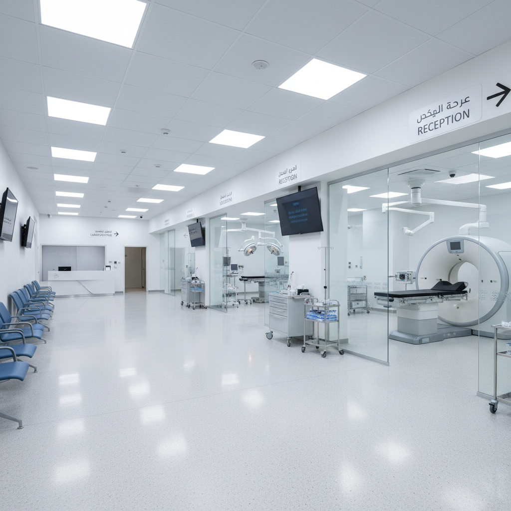 Modern African hospital facility with advanced medical technology equipment and healthcare professionals collaborating