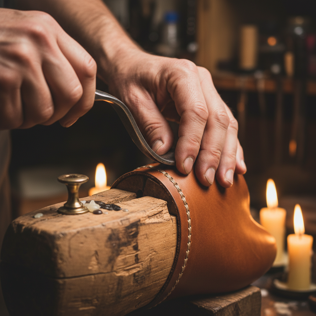 Cobbler's hands pressing a welt onto a leather upper on a reclaimed wooden last, candlelight workshop