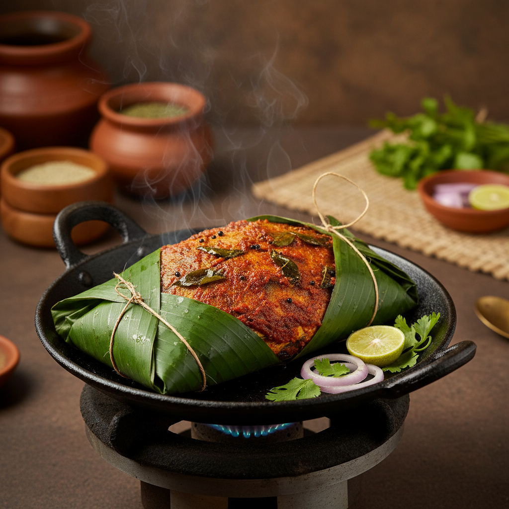 Karimeen pollichathu — Kerala pearl spot fish wrapped and grilled in banana leaf with spices, served on a wooden platter